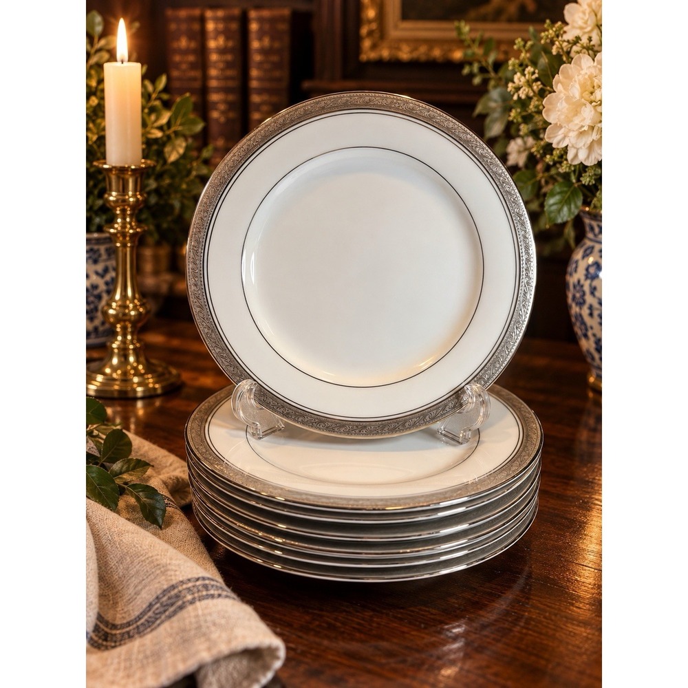Noritake Crestwood Platinum 4166L Salad Plates 8.25” Set of 7 Fine China